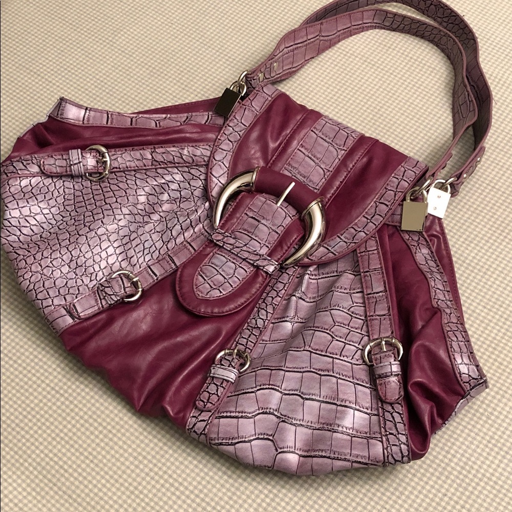 Vintage Purple & Mauve Crocodile-Embossed Shoulder/Hand Bag Roomy Stylish #873
